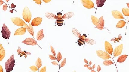 Obraz premium Autumn Bees Watercolor Pattern Leaves, Insects, White Background, Fabric Design
