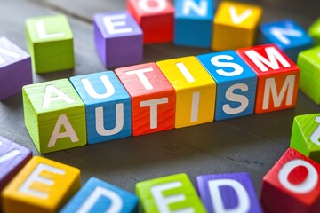 Colorful wooden blocks spelling 'AUTISM' arranged on a wooden surface, surrounded by scattered blocks with various letters.