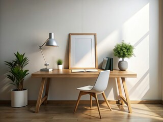 Minimalist home office: a light wood desk, white walls, empty frame, soft light photography.