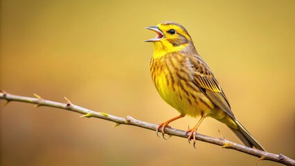 Fototapeta premium Minimalist shot: Yellowhammer (Emberiza citrinella) serenades. Nature's vibrant yellow songbird.