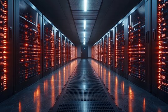 Dynamic server room showcasing glowing blockchain pathway technology hub visual content high-tech environment futuristic viewpoint