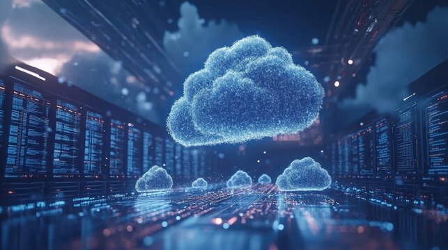 A digital representation of cloud technology in a data center environment.