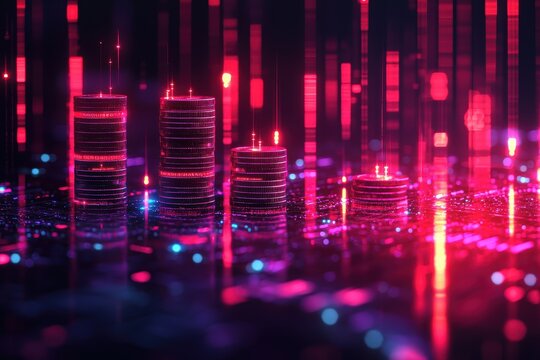 Dynamic visualization of inflation through stacked coins in a digital environment abstract concept neon-infused cityscape - Powered by Adobe