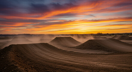 A rugged motocross dirt track with steep jumps and tight corners under a vibrant sunset sky.