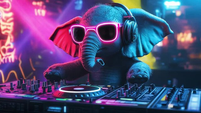 An animated elephant dj with sunglasses and headphones mixes music at a lively party