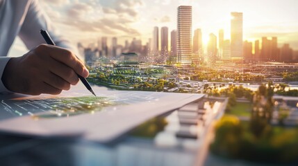 A serene shot of an architect sketching plans for a smart city district with integrated technology and green mobility solutions, Smart city planning scene, Futuristic urbanism style