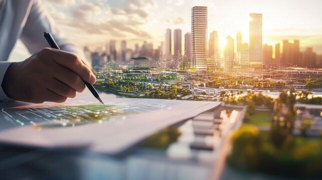 A serene shot of an architect sketching plans for a smart city district with integrated technology and green mobility solutions, Smart city planning scene, Futuristic urbanism style