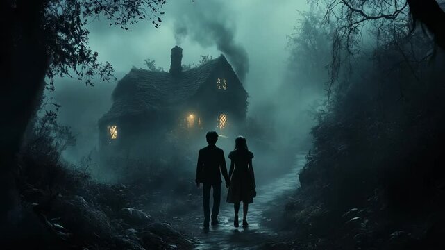 Mysterious Couple Approaching Haunted House in Foggy Forest at Night - Hansel and Gretel inspiration