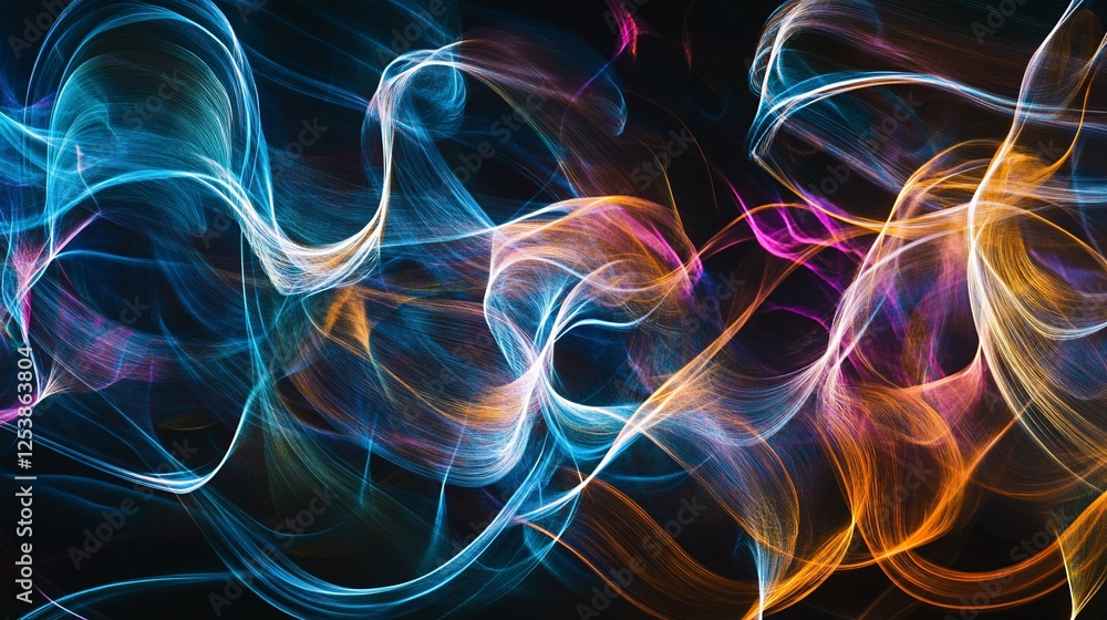 Poster soft and colorful abstract background with graceful wavy lines and a dark backdrop