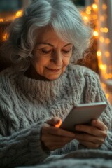 Older woman sits in a warm living room, focused on her smartphone as she tries to learn its features. The soft light from a lamp casts a comforting glow around her.