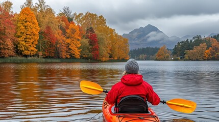 A person in a red kayak paddling on a lake surrounded by colorful autumn trees.