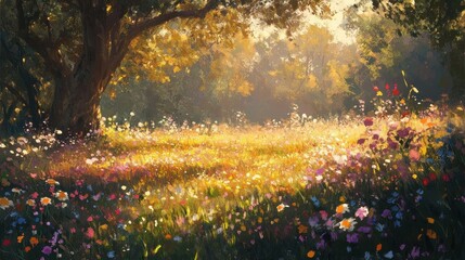Obraz premium Digital Oil Painting of Lush Blooming Summer Meadow, Impressionist Artwork Perfect for Wallpapers and Prints