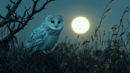 Nocturnal barn owl perched on tree branch against full moon in dark mystical midnight forest landscape