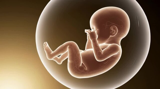 Transparent human fetus developing within amniotic sac, revealing intricate prenatal growth stages through detailed 3d medical animation against dark background in seamless slow motion sequence