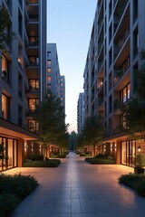 Apartment Complex Dusk Professional Home Office Setup with Modern Furniture and Technology Creating Productive Workspace with Minimalist Design and Ergonomic Elements