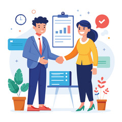 People shaking hands at work - Two businesspeople, man and woman doing handshake in office at work while smiling over business agreement and deal. Flat design stock illustration on white background