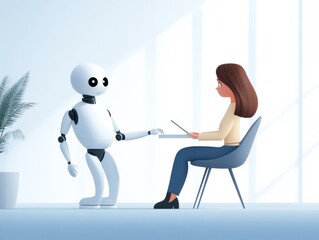 Robot and Cartoon Woman at Desk