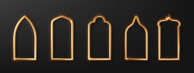 Gold arab windows frame realistic. Ramadan Kareem labels for invitation desing element. Arabic traditional frame set