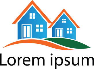 Modern House Logo Design with Two Homes and Green Landscape