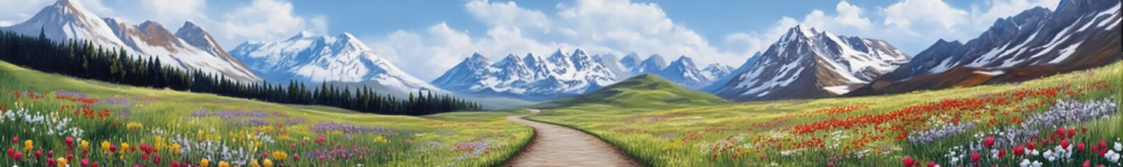 Fototapeta premium Mountain Meadow Path with Blossoms and Snowy Peaks