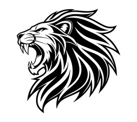 A high-contrast black and white vector illustration of a roaring lion's head,