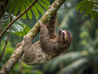 A sloth hanging from a tree branch in a tropical forest rare species of animals