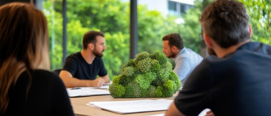 people in meeting with moss decoration