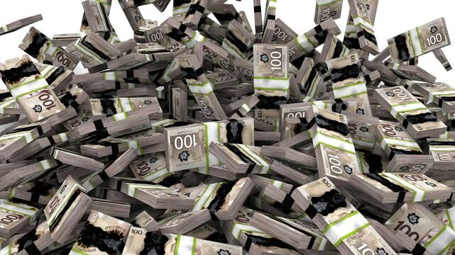 Canadaian dollar stack drop on the floor frame on gray background