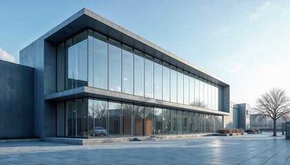 Obraz premium Modern architectural building exterior with large glass windows and clear sky