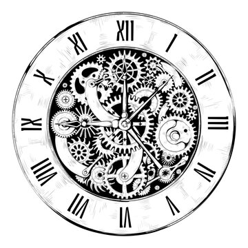 Vintage clock mechanism. Antique clockwork gear. steampunk watch dial with mechanical cogwheels. Chronograph arrows. Retro timepiece. Old chronometer. Vector graphic time illustration