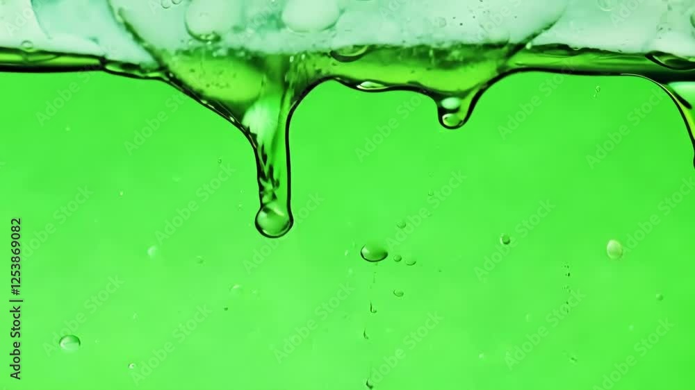 Poster bubbles form and rise amidst the dripping substance adding a dynamic texture to the smooth green sur