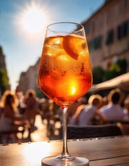 A refreshing Aperol Spritz, adorned with ice and a slice of citrus, rests invitingly on a table as the sun sets over a lively street. Perfect for summer gatherings and relaxed moments