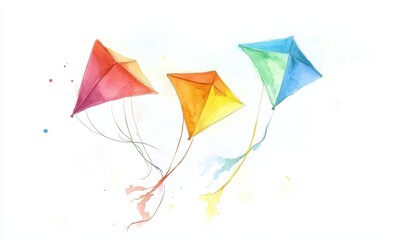 Colorful kites soaring in a clear sky, watercolor illustration, perfect for children's book or greeting card