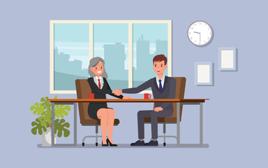 Businessman shaking hands with a client in a meeting room, both smiling character vector illustration design.