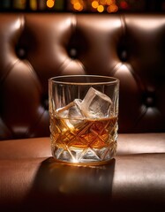 Rich amber whisky with ice cubes fills a crystal glass, slightly tilted on a plush leather surface