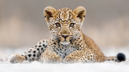 Fototapeta premium Leopard cub resting, African savanna, blurred background, wildlife photography