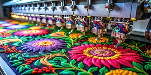 Fototapeta premium Professional panoramic image showcasing an embroidery machine and intricately designed floral fabrics.