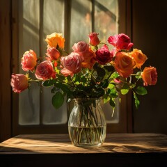 Vibrant Mixed Roses in Glass Vase on Wooden Table by Window