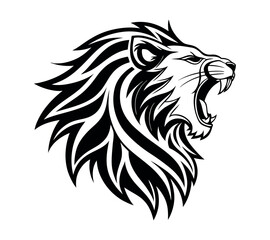 A high-contrast black and white vector illustration of a roaring lion's head,