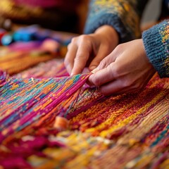 Vibrant Handcrafted Textile Weaving Process with Colorful Threads