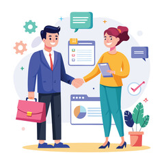 People shaking hands at work - Two businesspeople, man and woman doing handshake in office at work while smiling over business agreement and deal. Flat design stock illustration on white background