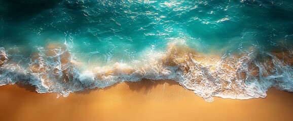Obraz premium Aerial view turquoise waves crashing on sandy beach. Summer vacation background