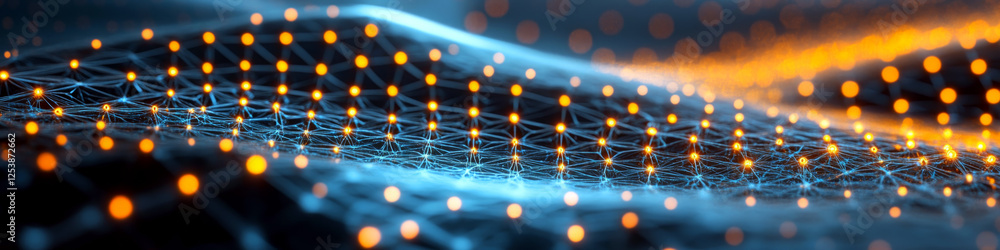 Poster a network of interconnected lines with glowing orange nodes on a dark background. concept of digital