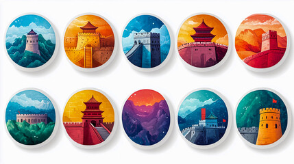 Colorful illustrations of the Great Wall of China showcasing various sections and landscapes during different times of day