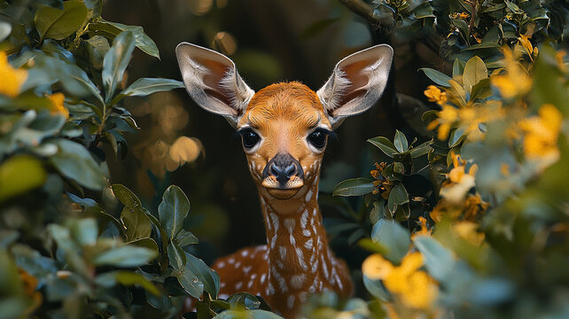 Spotted wild deer peeking through yellow flowers in lush forest, beautiful wildlife nature closeup portrait