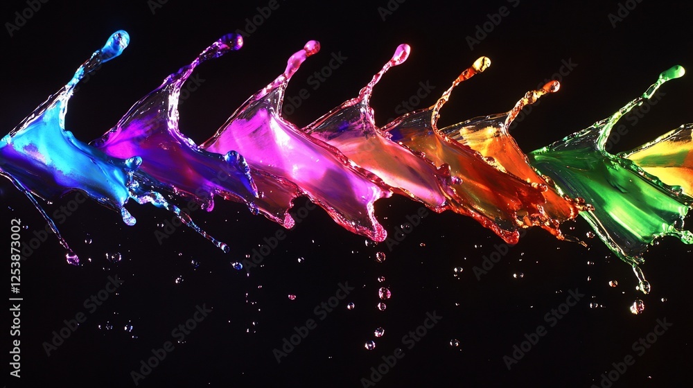 Poster rainbow paint splashes suspended in time a dynamic display of vibrant colors against a black backgro