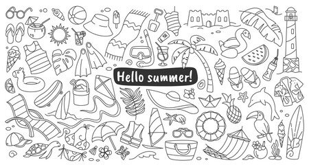 Summer elements. Beach icons. Sea vacation line drawings. Sunny holiday. Fruit sketch. Cute fun travel. Tropical palm. Summertime journey. Bikini and sunglasses. Vector outline background