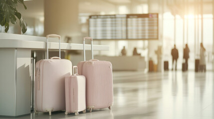 Fototapeta premium Luggage in airport terminal with soft natural light, travel concept, background with copy space