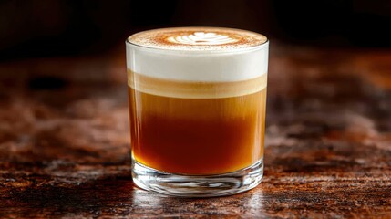 Layered Coffee Drink in a Glass on a Wooden Surface