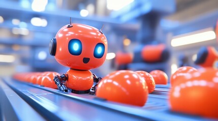 Fototapeta premium Robot inspecting orange spheres on conveyor belt in factory